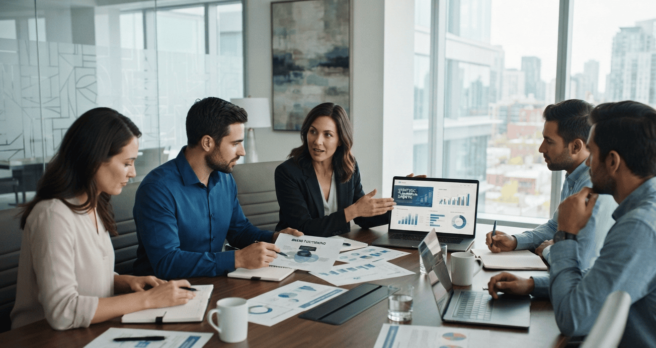 Equipe analisando posicionamento estratégico de uma empresa para diferenciação no mercado