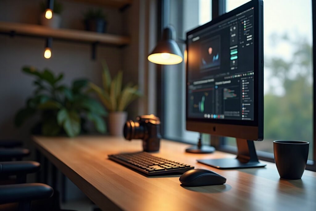 Software edição vídeo grátis: mesa de trabalho profissional com câmera, iluminador e ferramentas de produção