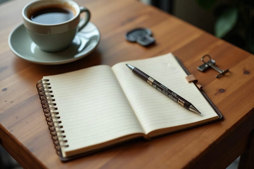 Mesa de trabalho com caderno e objetos para estratégia de posicionamento de marca