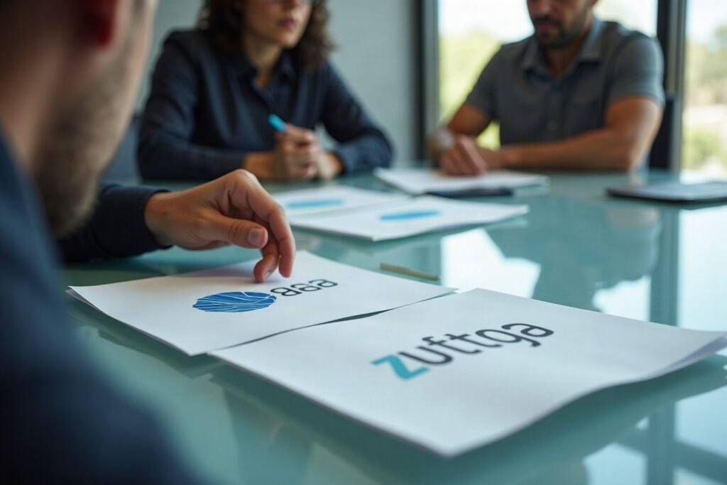 Executivo analisando variantes de rebranding estratégia em mesa de reunião com impressões de identidades visuais