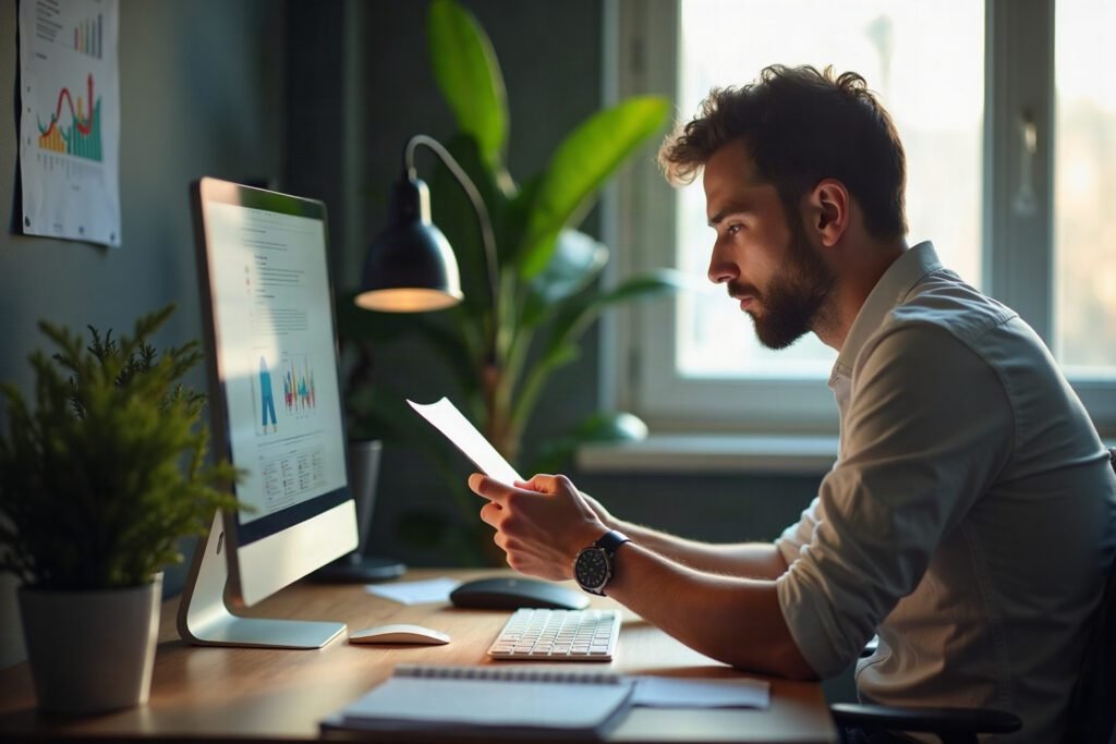 Empresário analisando dados de aumentar taxa de conversão no computador com gráficos em papel